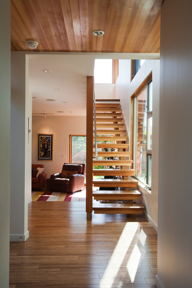 wooden staircase in modern living room in berkeley