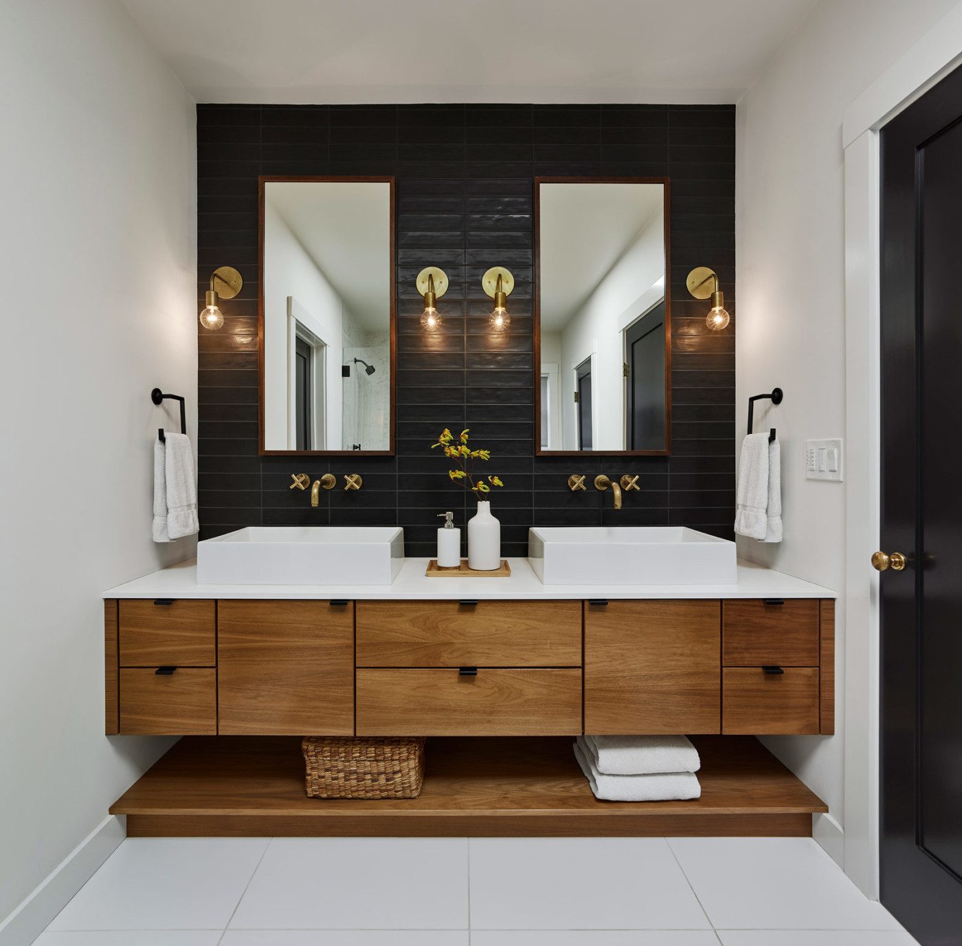 Black Painted Shaker Doors with Brass Hardware in Modern Craftsman Bathroom