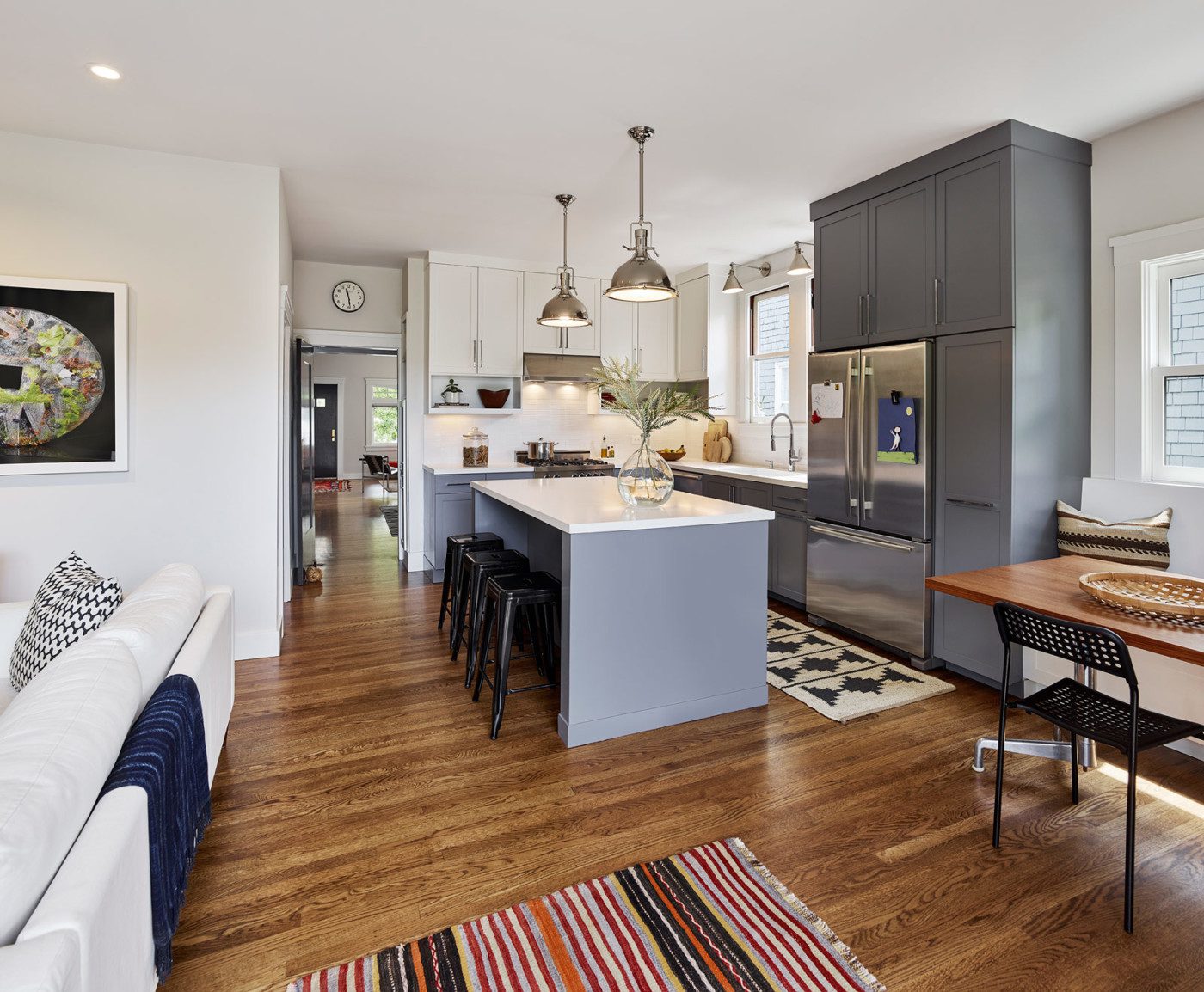 open plan kitchen hardwood floor in craftsman expansion