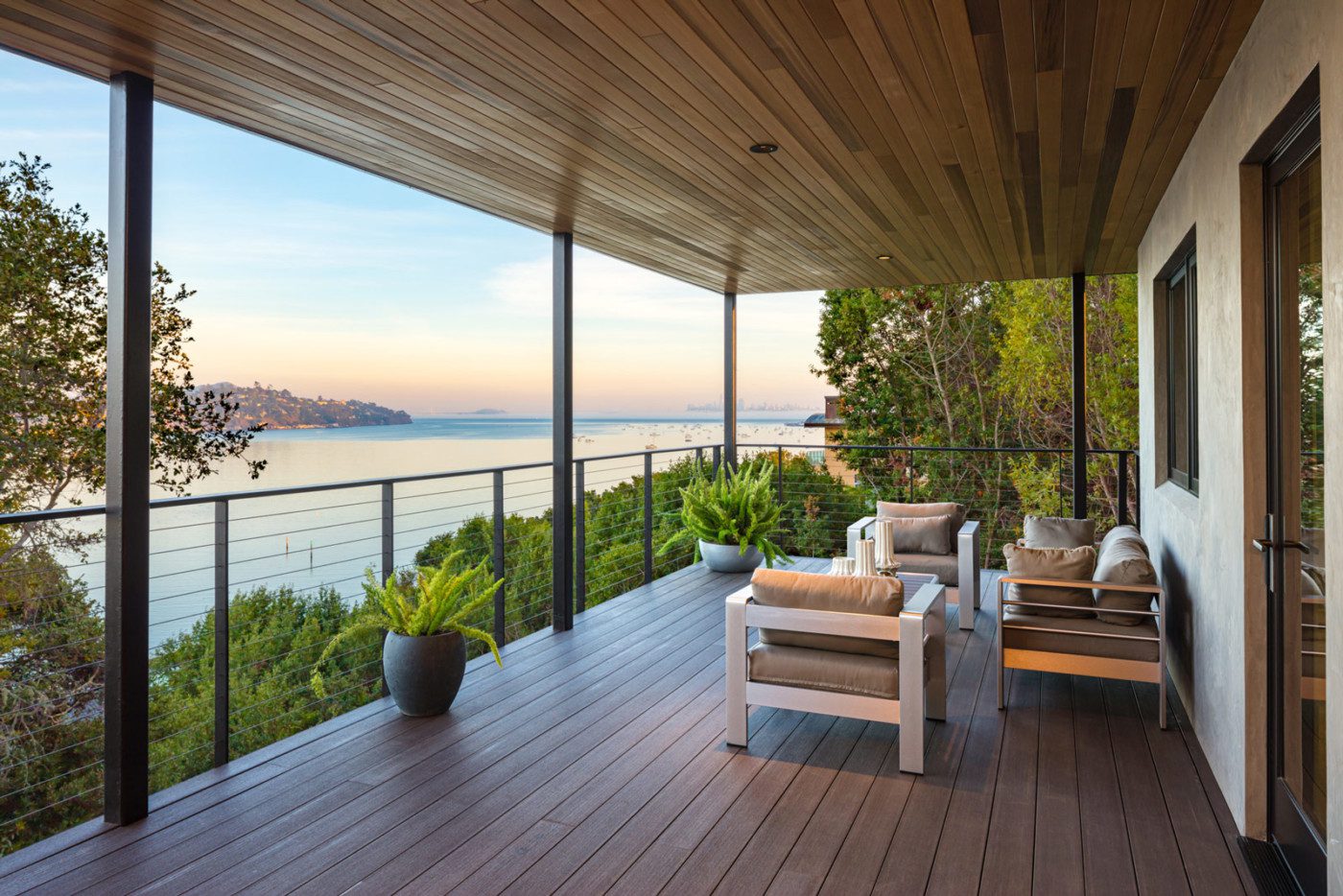 large deck on modern home with view of bay in Mill Valley, CA