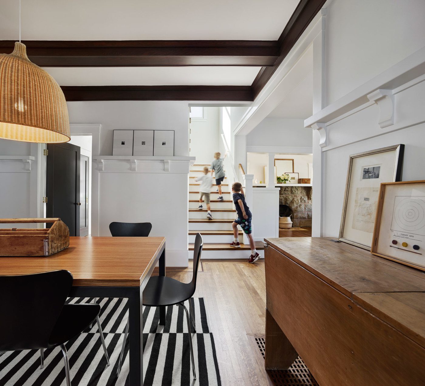 modern craftsman expansion dining room and stairway