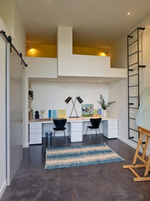 black lights and chairs in modern white home office in noe valley renovation