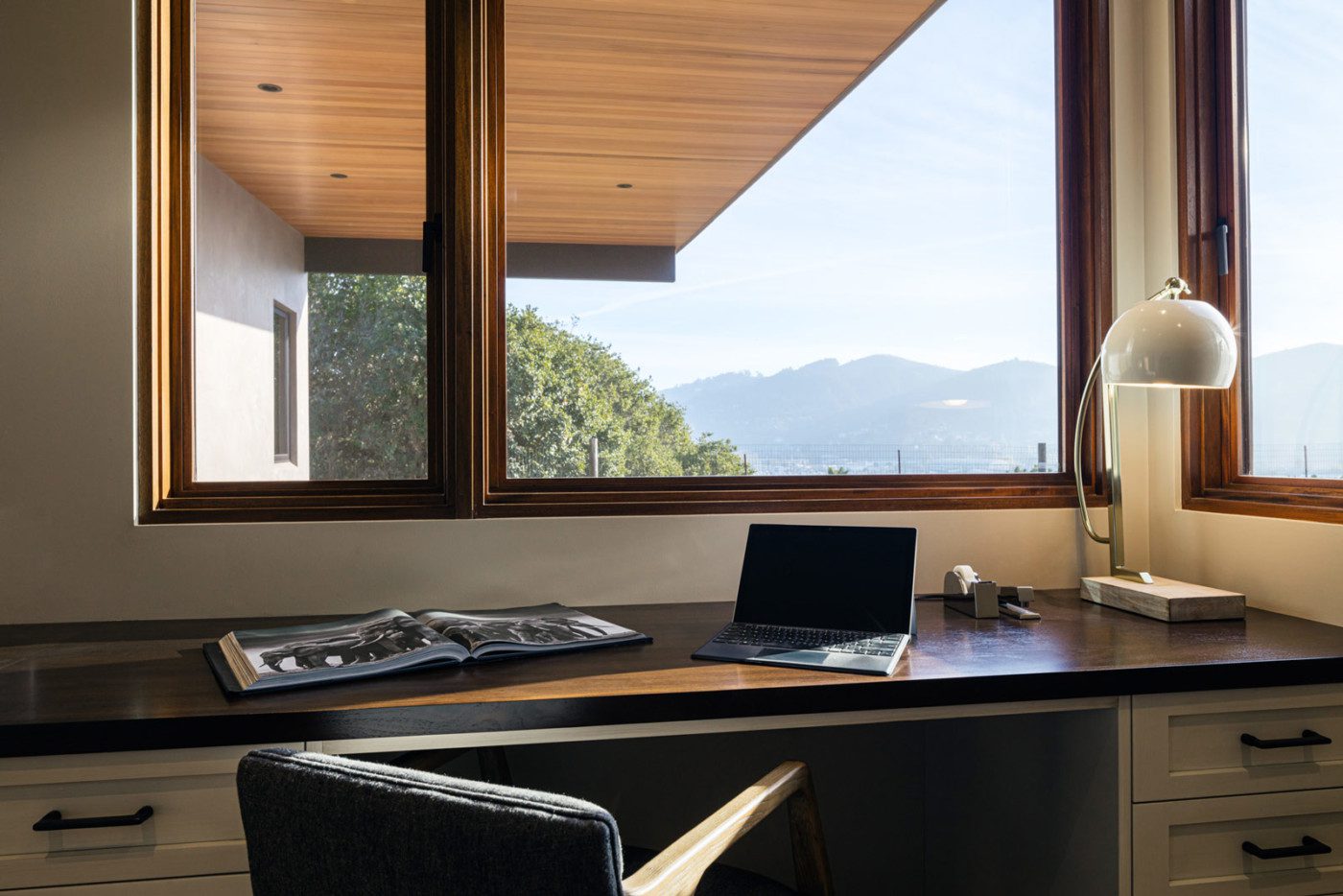 wood desk in modern rustic home office in mill valley