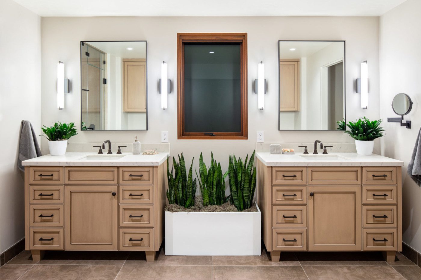 modern rustic two vanity bathroom in mill valley