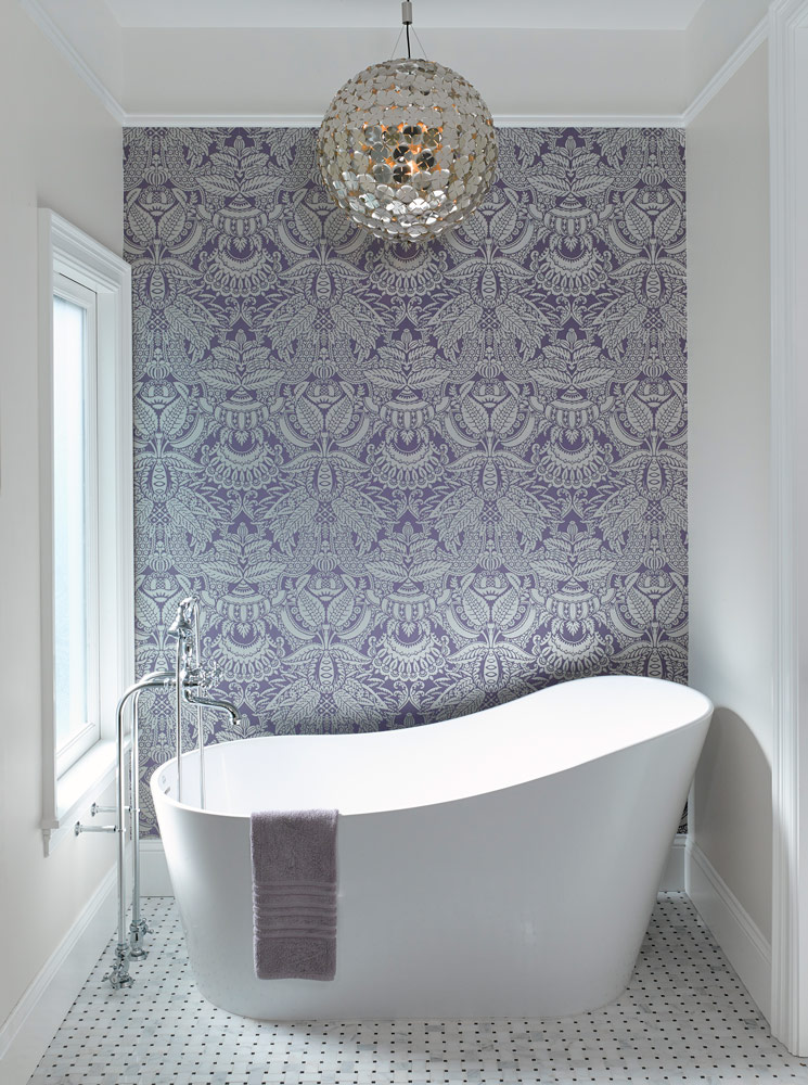 Modern Bathtub with Victorian-Inspired Wallpaper in San Francisco Renovation
