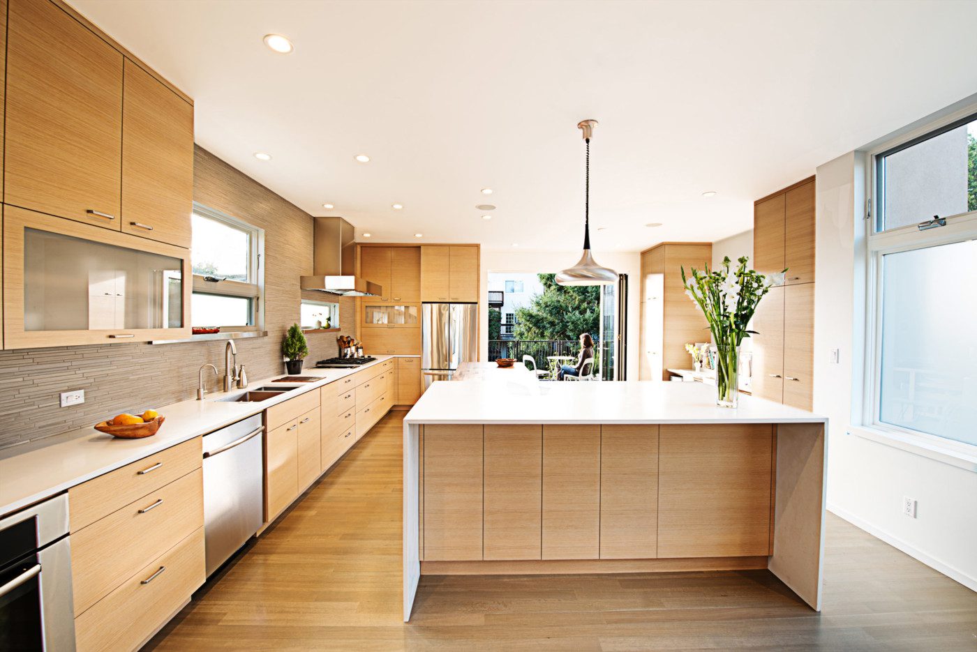 open plan wood kitchen with large countertop