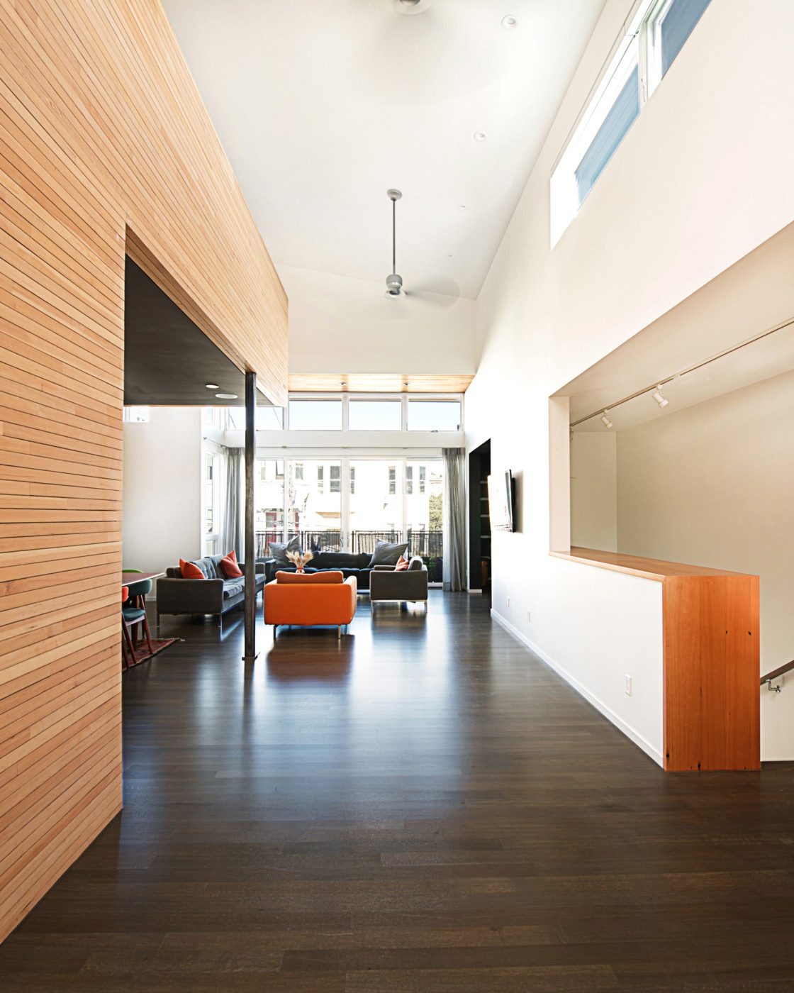 modern livingroom with wood spine wall in noe valley