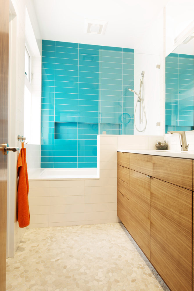 noe valley bathroom modern with turquoise horizontal tile