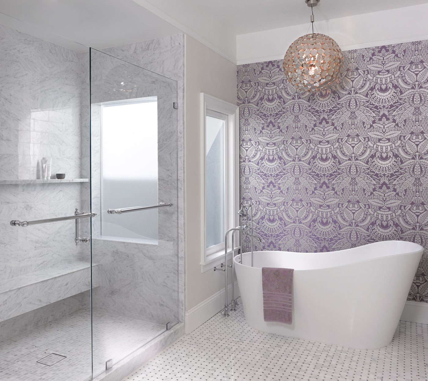 Modern Freestanding Bathtub with Victorian-Inspired Wallpaper in San Francisco Renovation