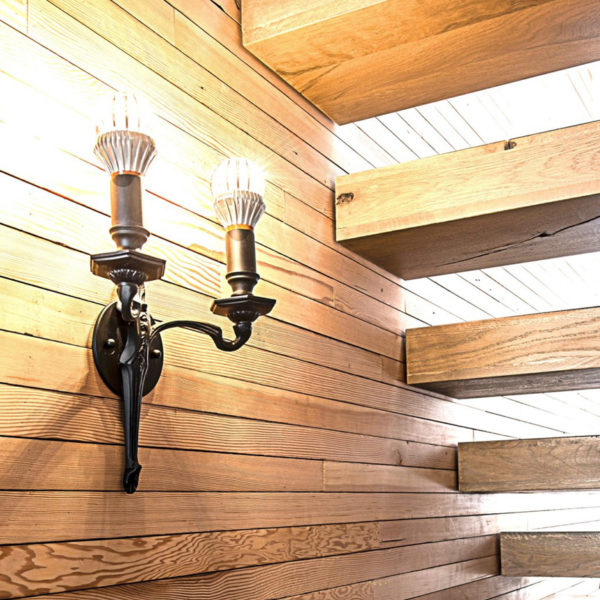 sustainable lighting fixture with wood stairway in noe valley