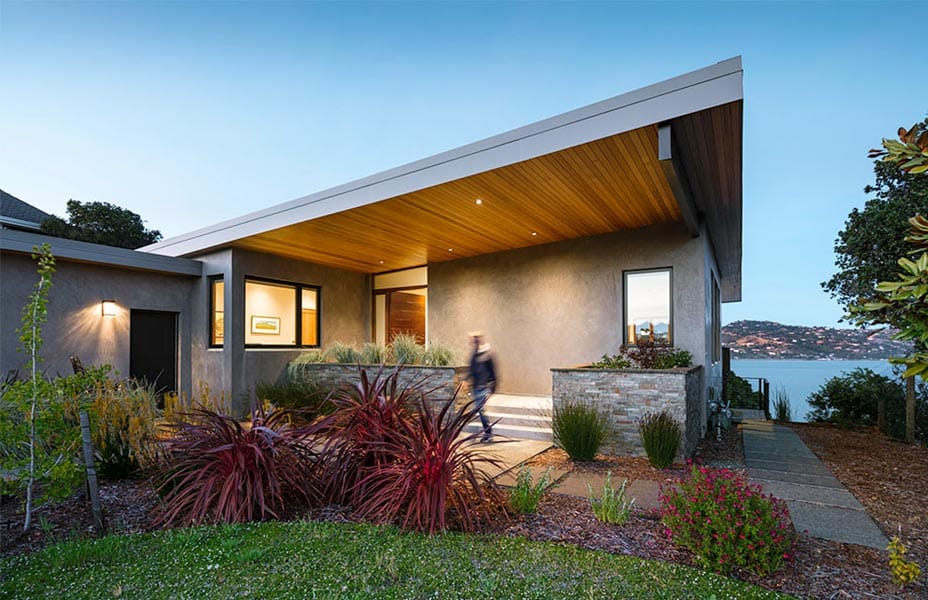 Mill valley exterior with wood eave and view of the bay