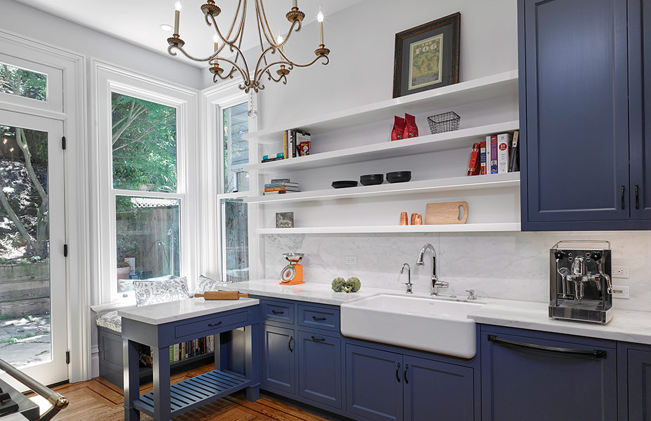 blue and white Victorian kitchen by local San Francisco architecture firm