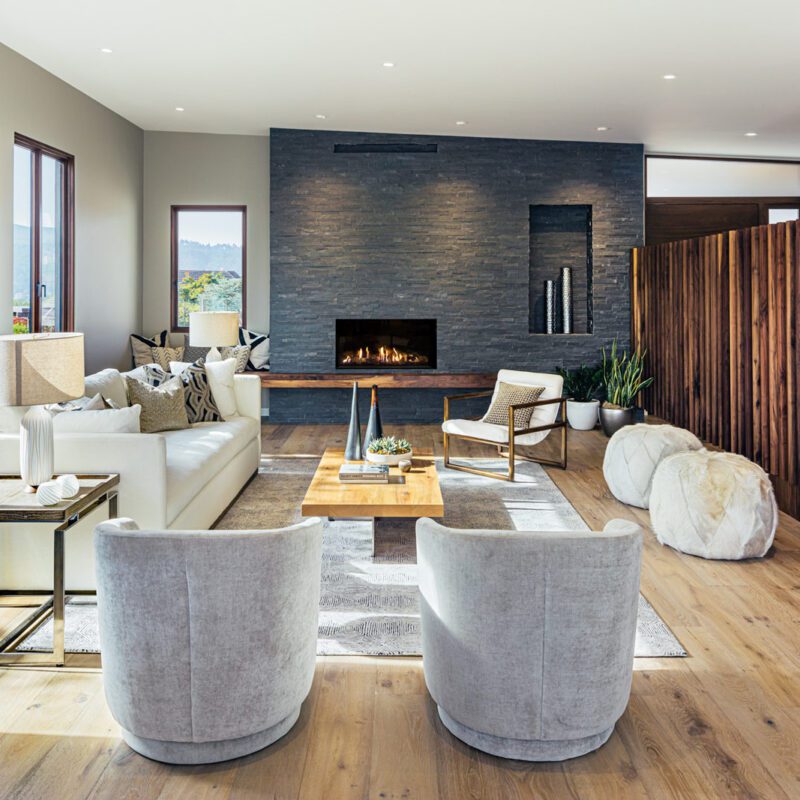 Marin Custom home with unadorned hickory doors and walnut screen at entry