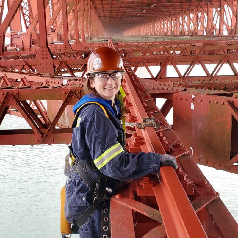 Vanessa Leedy working on Golden Gate Bridge in harness
