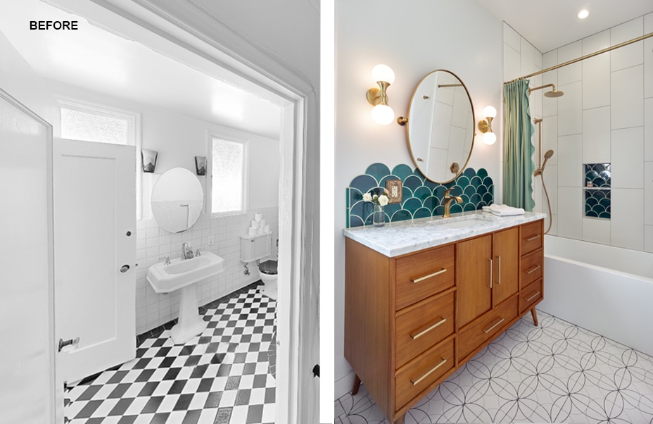 Side-by-side comparison of a bathroom before and after renovation; the left image shows an old-fashioned black-and-white tiled bathroom, while the right image shows a modern bathroom with teal tiles, wood vanity, and brass fixtures.