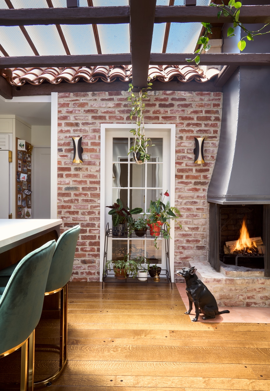 A cozy room with brick walls, a lit fireplace, potted plants on a stand by a glass door, teal velvet chairs, wooden floors, and a black dog sitting on the floor under a skylight