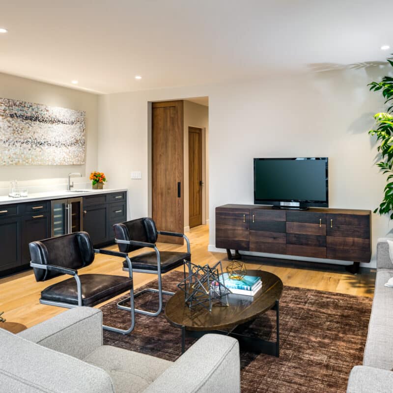 Pocket Door into a modern remodeled living room in the Bay Area of California. 