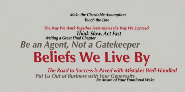 Beliefs we Live By Word Cloud shows the nine beliefs written out. 
