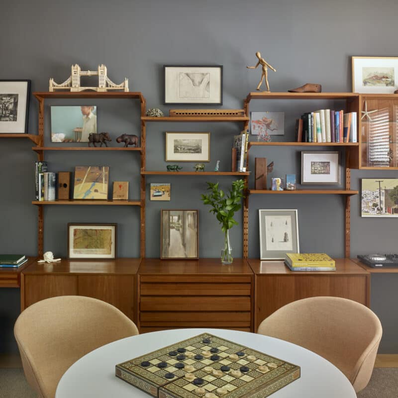 A remodeled entertainment center is shown in a modern home in the Bay Area